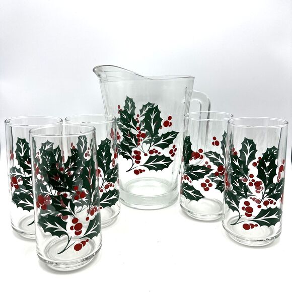 Vintage Crisa Glass Pitcher w/ 5 Glasses HOLLY'S & BERRIES - Picture 1 of 13